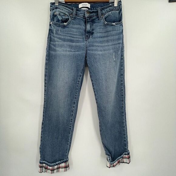 Pistola Blue Flannel Plaid Cuff Cropped Mid Rise Wash Jeans Size 27 - Picture 1 of 11